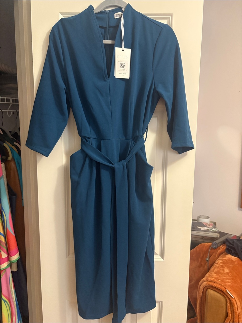 Grace Karin Teal Midi Dress with Self-Tie Belt